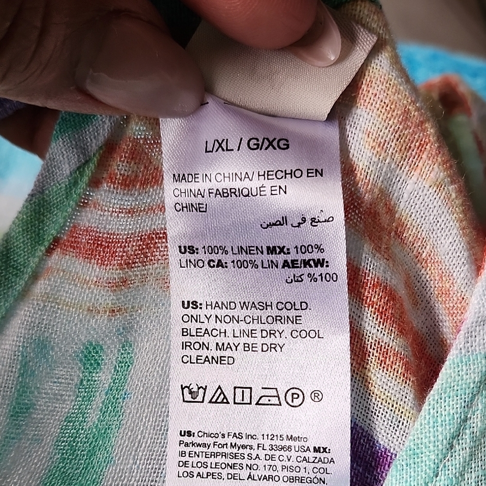Chico's Linen V-Neck Top in Aqua, Teal, Coral & Purple Stripes - Picture 10 of 10